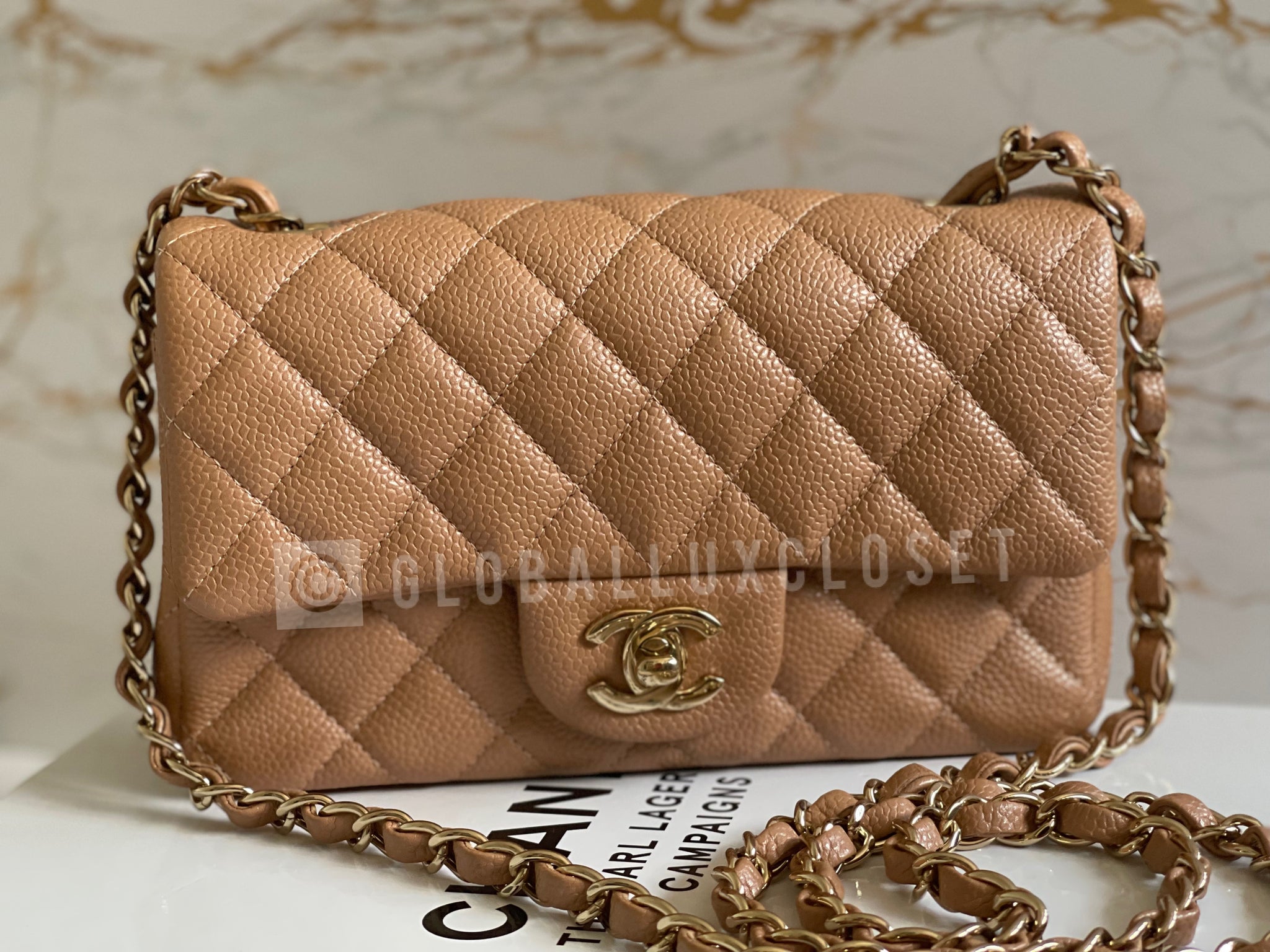 Chanel Caviar Quilted Small Studded Flap Beige Chain Shoulder Bag   MyDesignerly